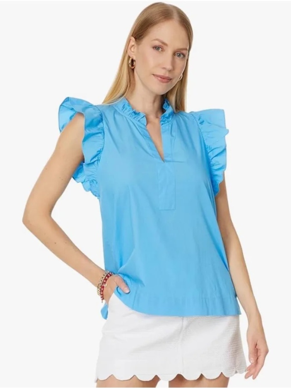 Lilly Pulitzer Bright Cyan Ruffle Sleeve Split-Neck Top